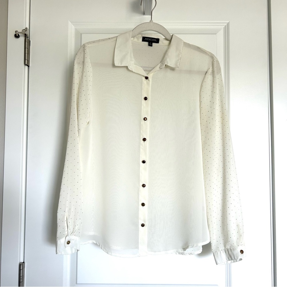 Notations Shear Cream Button Down Shirt With Gold Embellishments